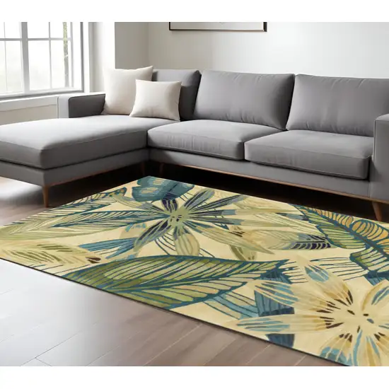 Ivory Teal And Green Wool Tropical Botanical Hand Tufted Area Rug Photo 1