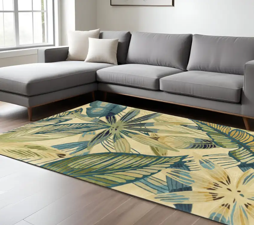 Ivory Teal And Green Wool Tropical Botanical Hand Tufted Area Rug Photo 1