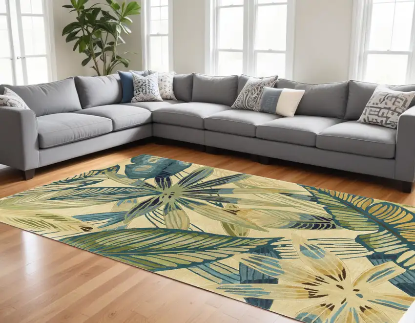 Ivory Teal Hand Tufted Tropical Leaves Indoor Area Rug Photo 2