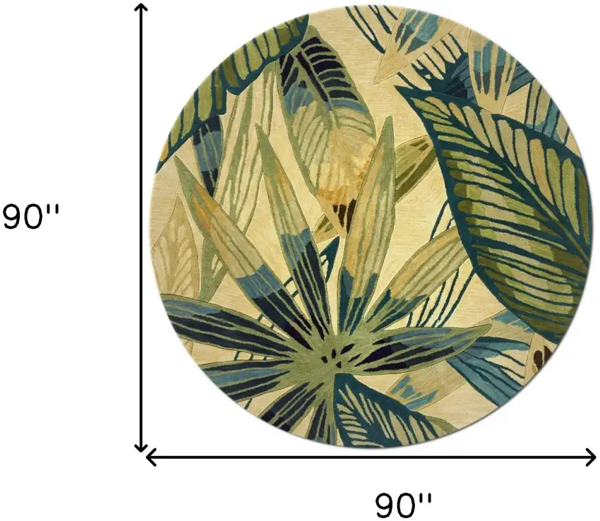 Ivory Teal Hand Tufted Tropical Leaves Round Indoor Area Rug Photo 7