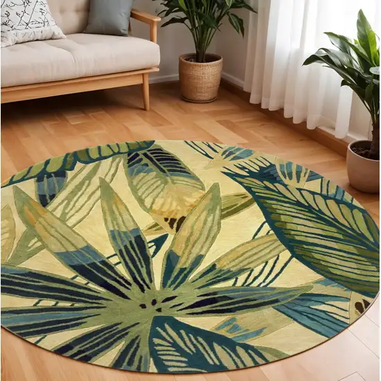8' Ivory Teal And Green Wool Tropical Botanical Hand Tufted Round Rug Photo 1