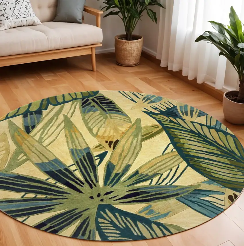 8' Ivory Teal And Green Wool Tropical Botanical Hand Tufted Round Rug Photo 1