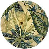 Photo of Ivory Teal Hand Tufted Tropical Leaves Round Indoor Area Rug
