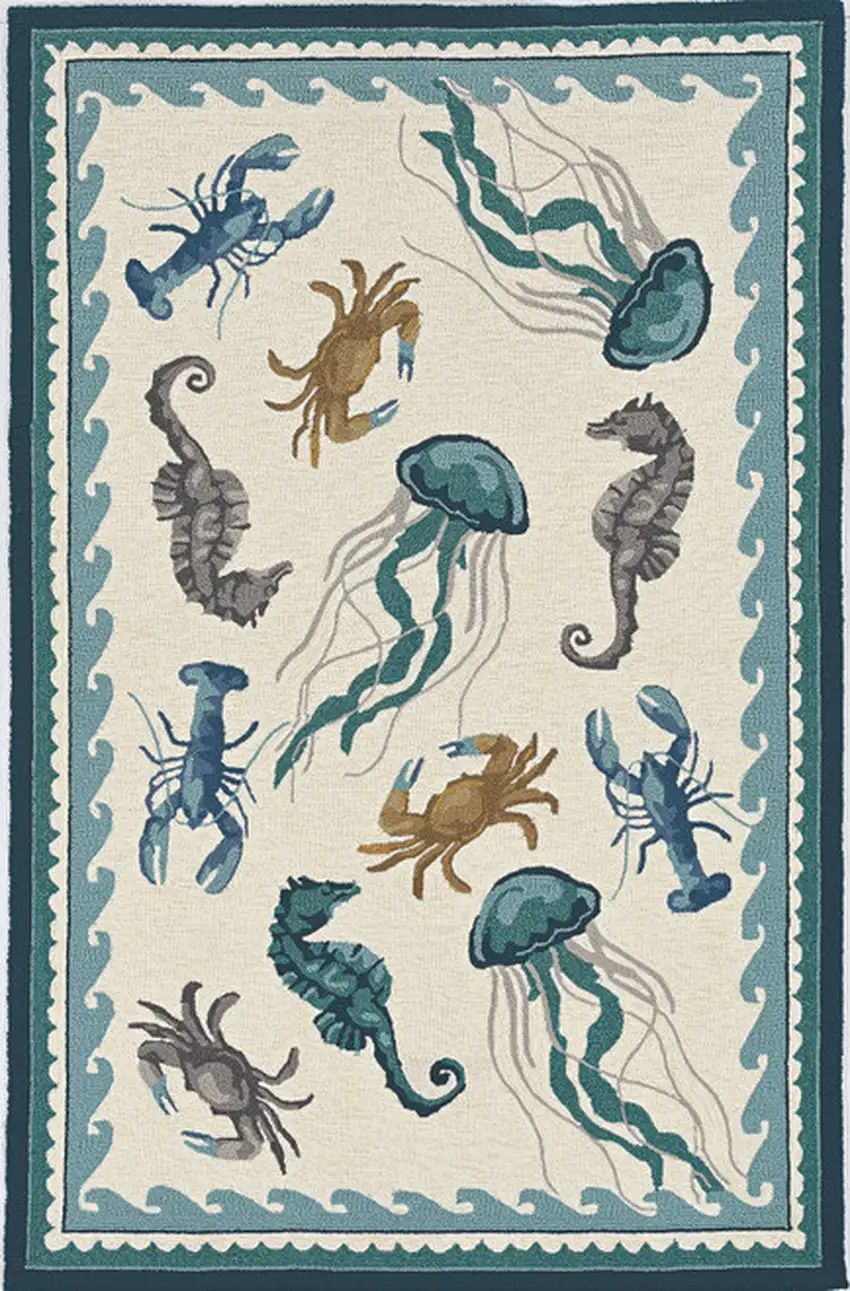 8'X10' Ivory Teal Hand Woven Uv Treated Coastal Sea Life Indoor Outdoor Area Rug Photo 1