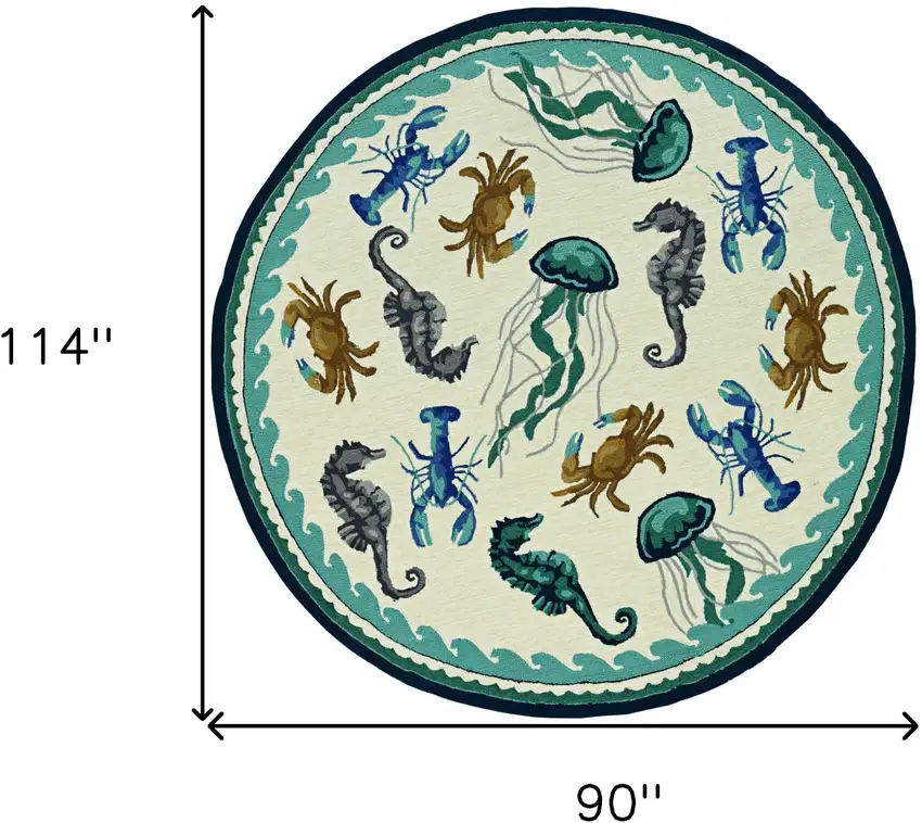 Ivory Teal Hand Woven UV Treated Coastal Sea Life Indoor Outdoor Area Rug Photo 5