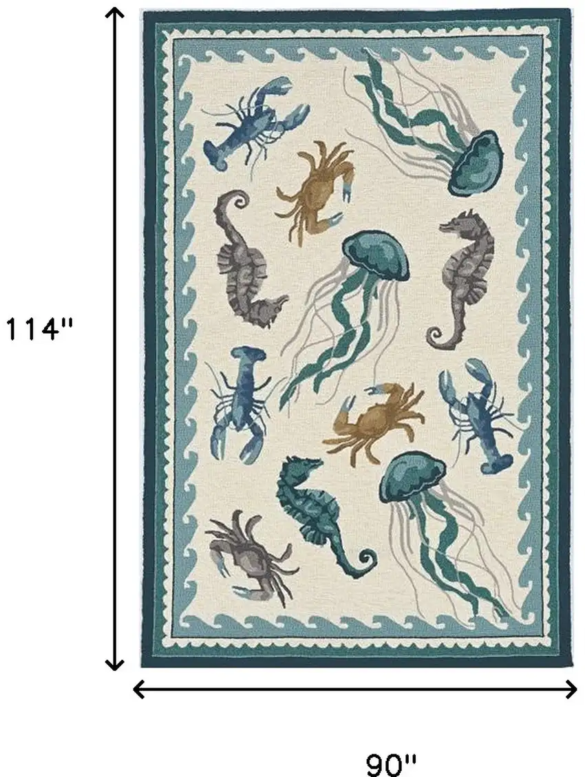 8'X10' Ivory Teal Hand Woven Uv Treated Coastal Sea Life Indoor Outdoor Area Rug Photo 6