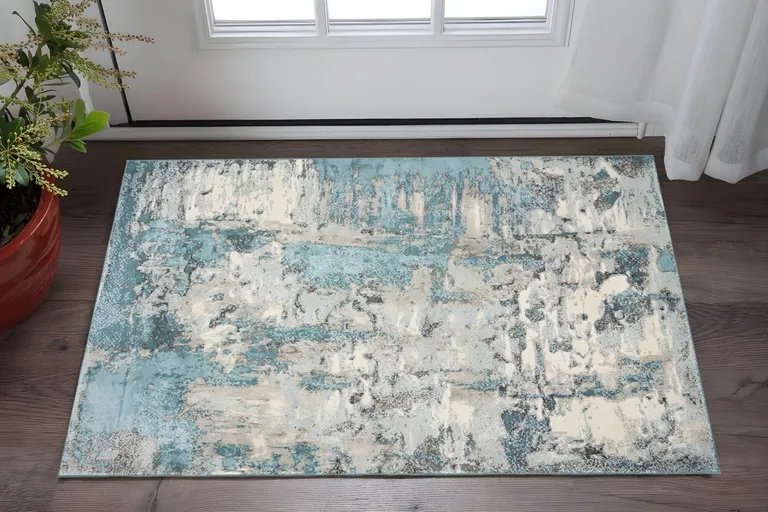 Ivory Teal Machine Woven Abstract Indoor Area Rug Photo 3