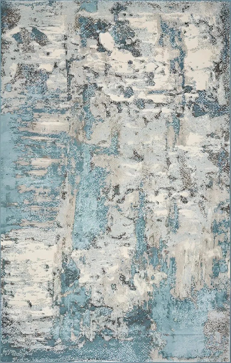 Ivory Teal Machine Woven Abstract Indoor Area Rug Photo 4