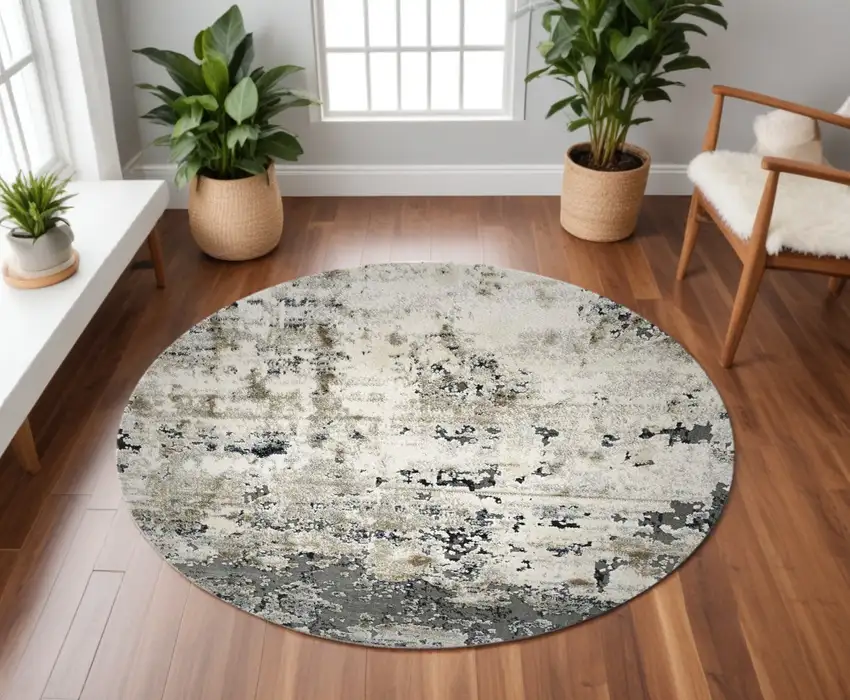 8' Ivory Teal Machine Woven Abstract Round Indoor Area Rug Photo 1