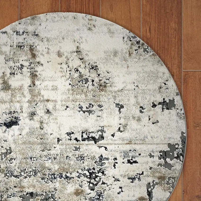 Ivory Teal Machine Woven Abstract Round Indoor Area Rug Photo 2