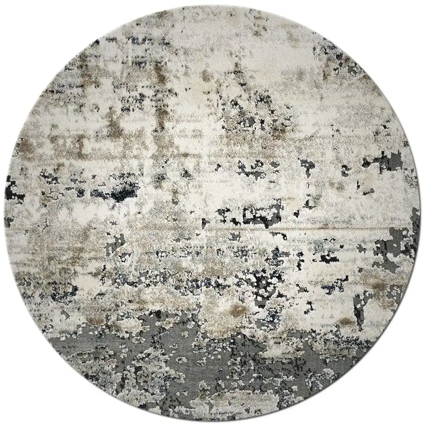Ivory Teal Machine Woven Abstract Round Indoor Area Rug Photo 1