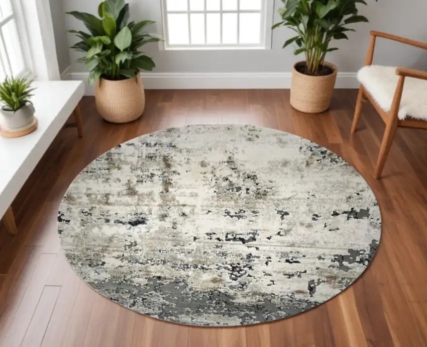 8' Ivory Teal Machine Woven Abstract Round Indoor Area Rug Photo 2