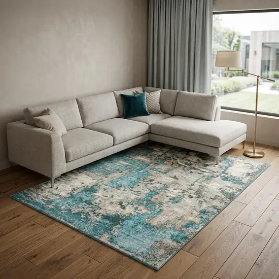 Ivory Teal Machine Woven Abstract Watercolor Indoor Area Rug Photo 1