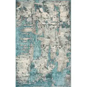Photo of Ivory Teal Machine Woven Abstract Watercolor Indoor Area Rug
