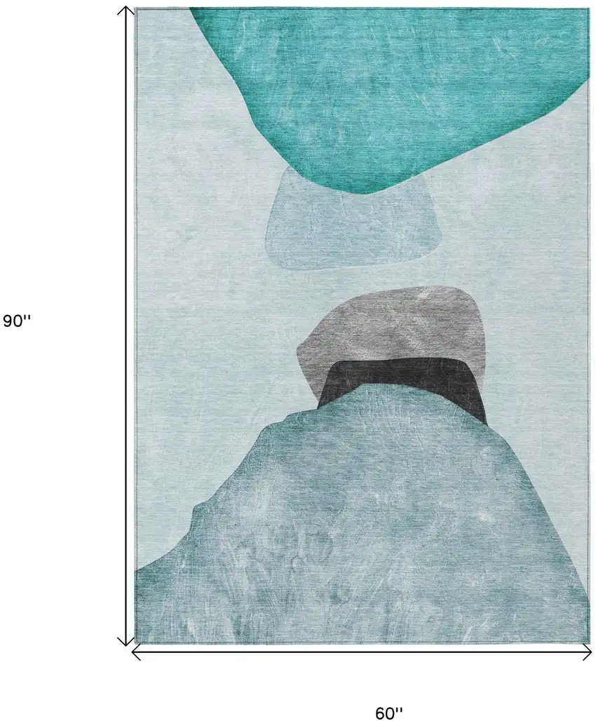 Ivory Teal and Gray Abstract Washable Non Skid Indoor Outdoor Area Rug Photo 3