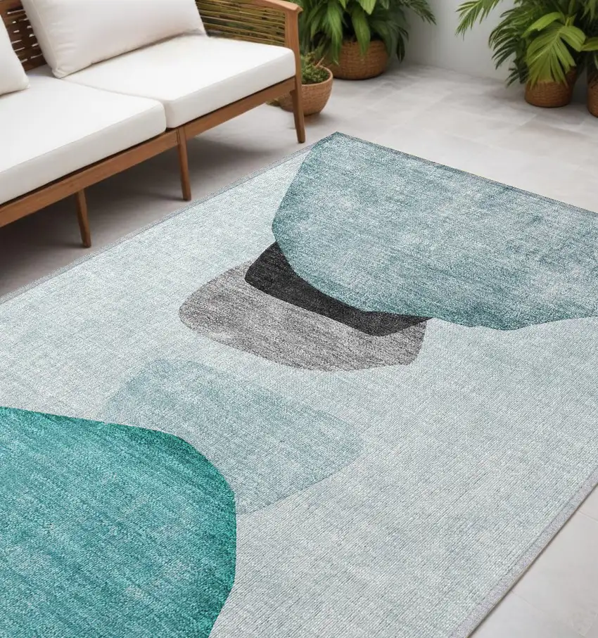 Ivory Teal and Gray Abstract Washable Non Skid Indoor Outdoor Area Rug Photo 1