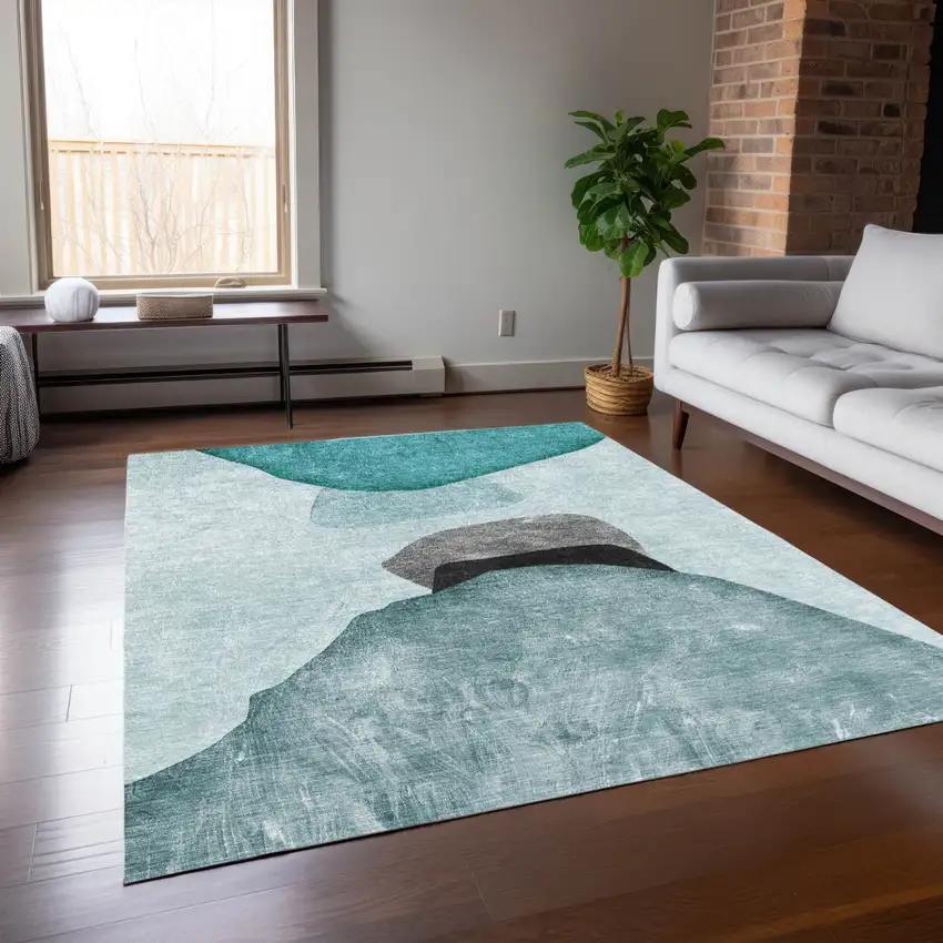 Ivory Teal and Gray Abstract Washable Non Skid Indoor Outdoor Area Rug Photo 8
