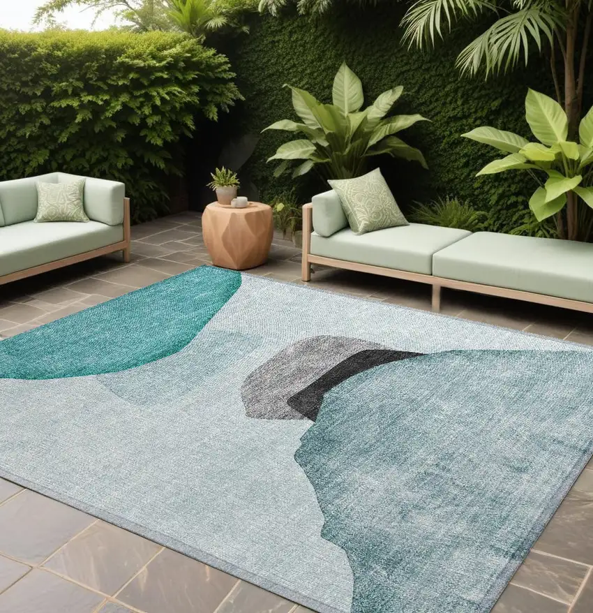 Ivory Teal and Gray Abstract Washable Non Skid Indoor Outdoor Area Rug Photo 1