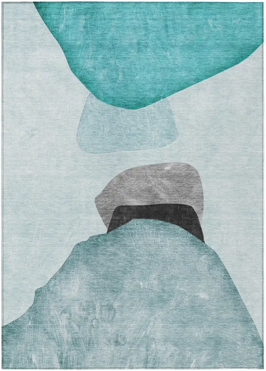 Ivory Teal and Gray Abstract Washable Non Skid Indoor Outdoor Area Rug Photo 2