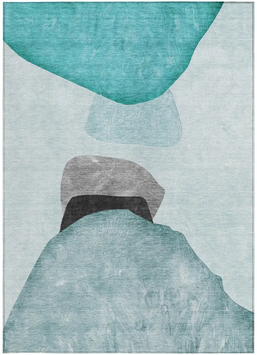 Ivory Teal and Gray Abstract Washable Non Skid Indoor Outdoor Area Rug Photo 4