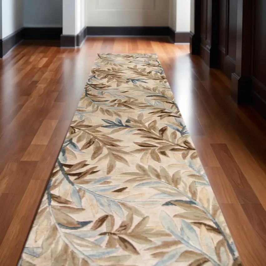 10' Ivory Brown And Blue Wool Botanical Leaves Hand Tufted Area Rug Photo 1