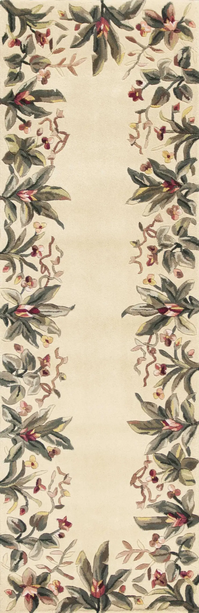 Ivory Tropical Leaves Bordered Wool Indoor Runner Rug Photo 1