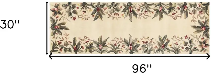 Ivory Tropical Leaves Bordered Wool Indoor Runner Rug Photo 6