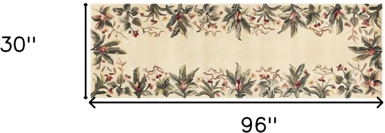 Ivory Tropical Leaves Bordered Wool Indoor Runner Rug Photo 4