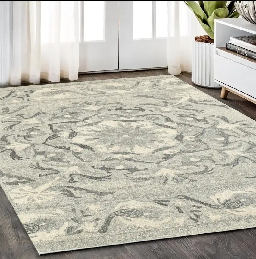 Ivory Wool Floral Hand Tufted Area Rug Photo 1