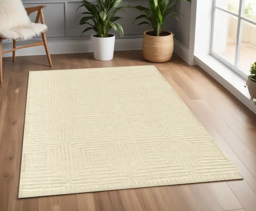 Ivory Wool Geometric Hand Knotted Area Rug Photo 1