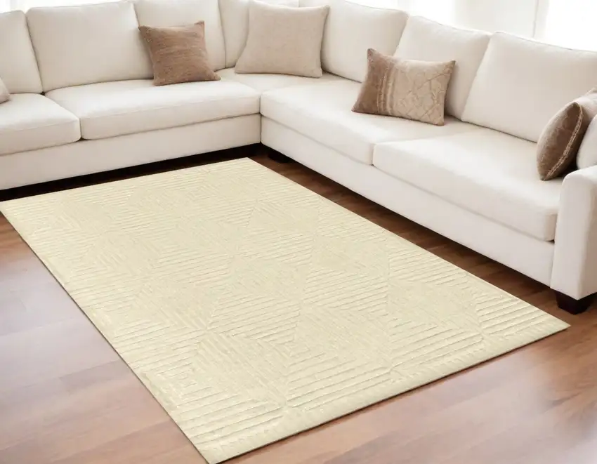 Ivory Wool Geometric Hand Knotted Area Rug Photo 1