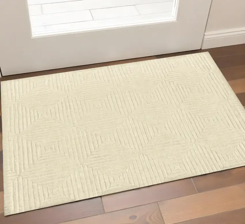 Ivory Wool Geometric Hand Knotted Area Rug Photo 1