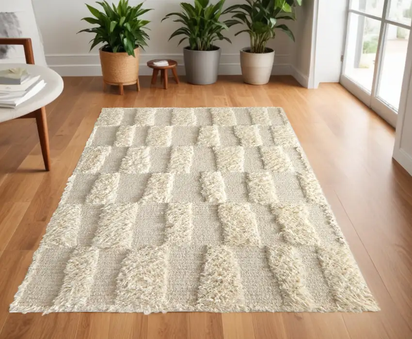 Ivory Wool Geometric Hand Woven Area Rug Photo 1