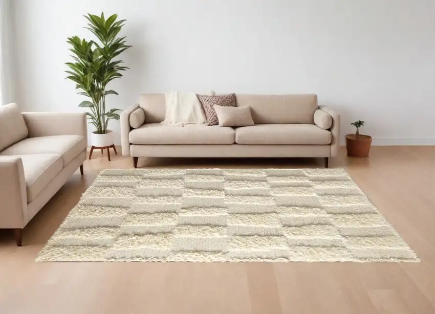 Ivory Wool Geometric Hand Woven Area Rug Photo 1