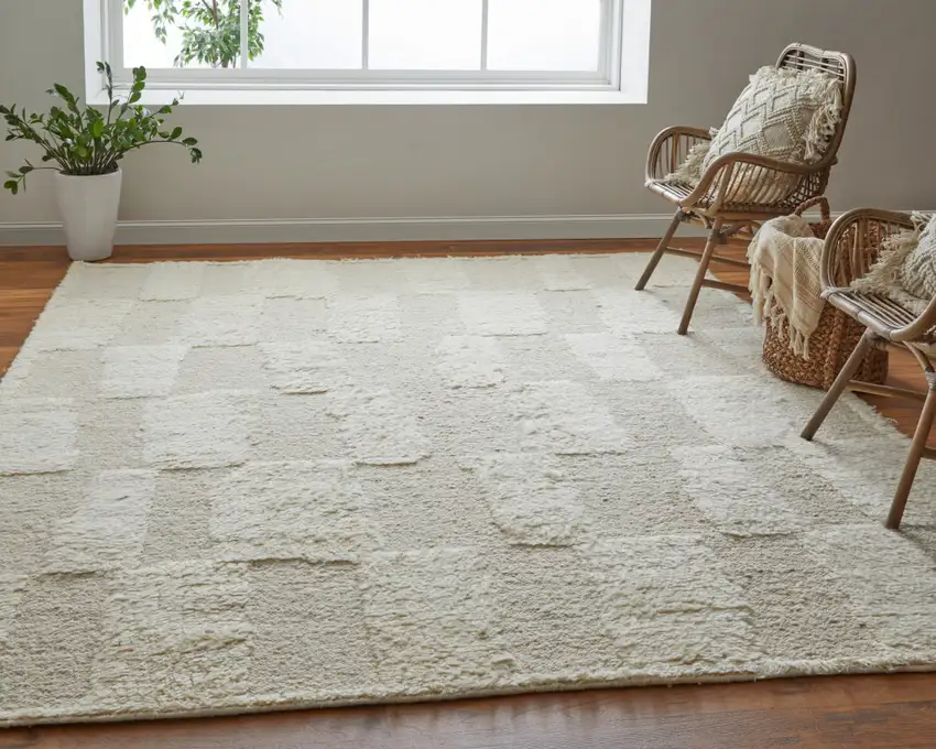 Ivory Wool Geometric Hand Woven Area Rug Photo 6