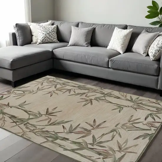Ivory Green And Brown Wool Botanical Leaves Hand Tufted Area Rug Photo 1