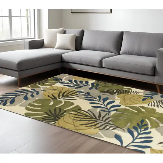 Ivory Green And Blue Wool Botanical Leaves Hand Tufted Area Rug Photo 1