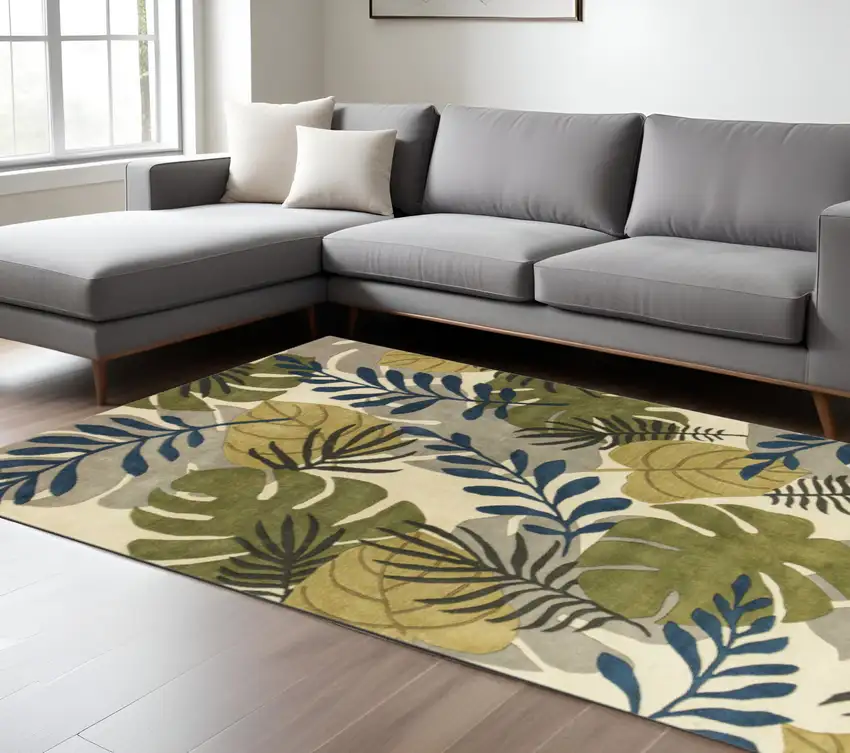 Ivory Green And Blue Wool Botanical Leaves Hand Tufted Area Rug Photo 1