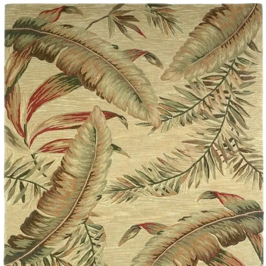 Brown Green And Red Wool Tropical Botanical Hand Tufted Area Rug Photo 4