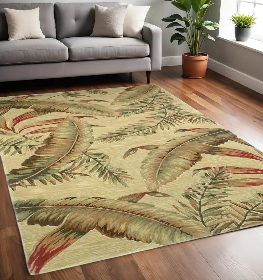 Brown Green And Red Wool Tropical Botanical Hand Tufted Area Rug Photo 2