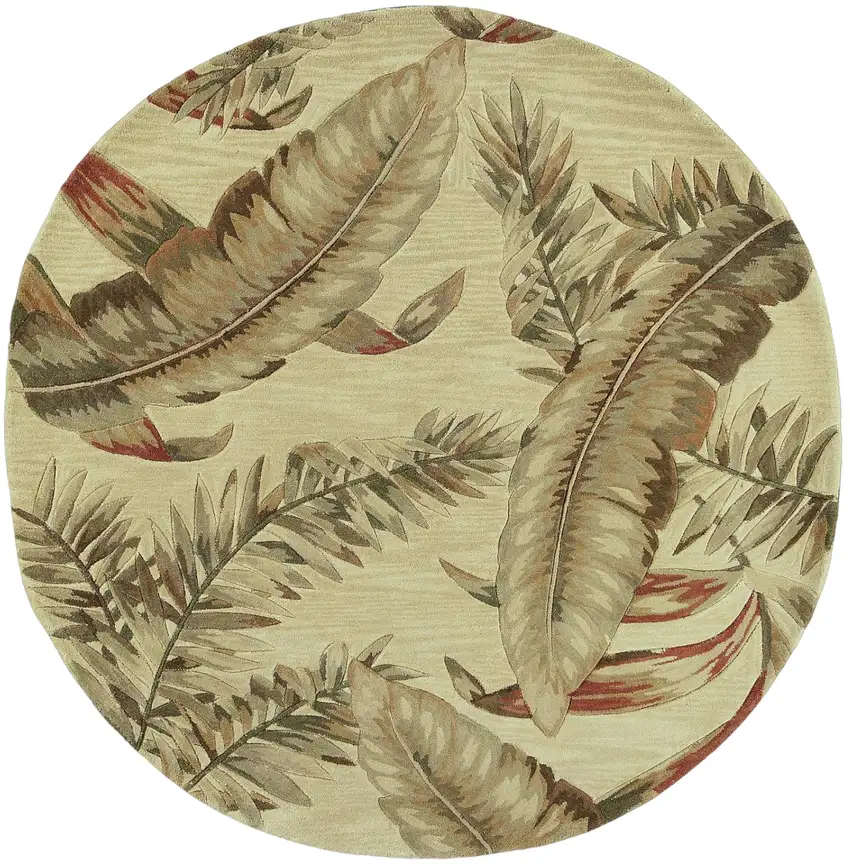 5' Brown Green And Red Wool Tropical Botanical Hand Tufted Round Rug Photo 1
