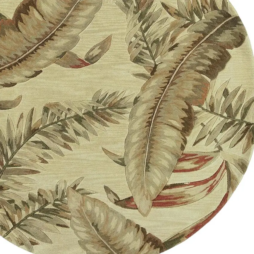 5' Brown Green And Red Wool Tropical Botanical Hand Tufted Round Rug Photo 3