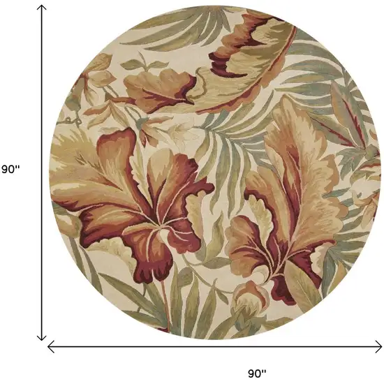 8' Ivory Green And Red Wool Tropical Botanical Hand Tufted Round Rug Photo 3