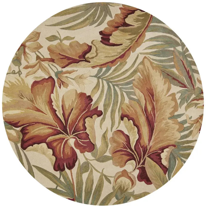 8' Ivory Green And Red Wool Tropical Botanical Hand Tufted Round Rug Photo 2