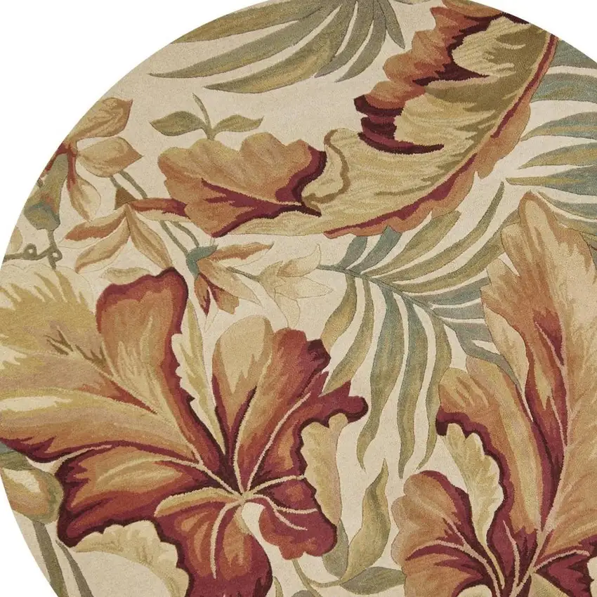 8' Ivory Green And Red Wool Tropical Botanical Hand Tufted Round Rug Photo 4