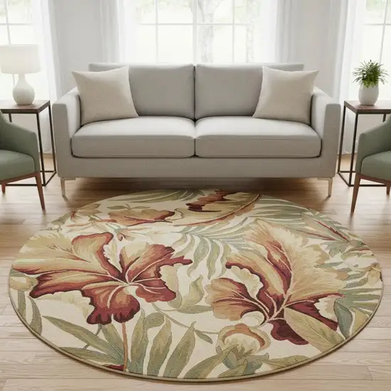 8' Ivory Green And Red Wool Tropical Botanical Hand Tufted Round Rug Photo 1