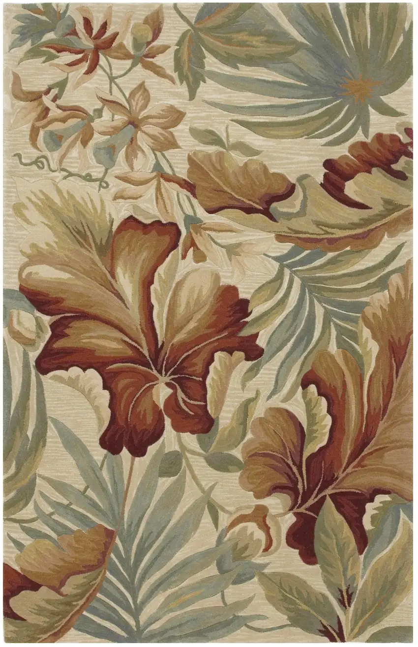 Ivory Green And Red Wool Tropical Botanical Hand Tufted Area Rug Photo 8