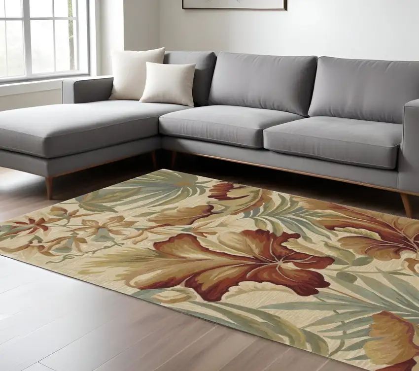 Ivory Green And Red Wool Tropical Botanical Hand Tufted Area Rug Photo 2