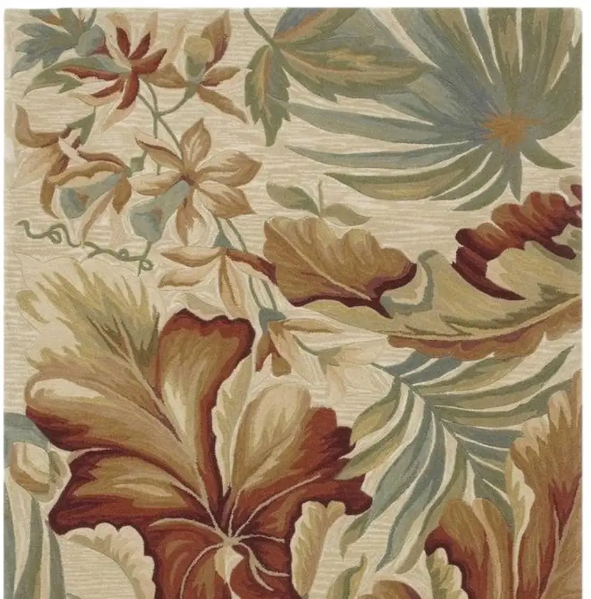 Ivory Green And Red Wool Tropical Botanical Hand Tufted Area Rug Photo 1