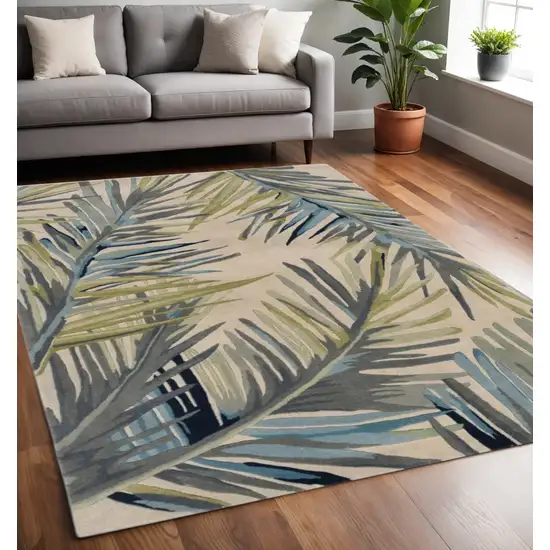 Ivory Blue And Green Wool Tropical Botanical Hand Tufted Area Rug Photo 2